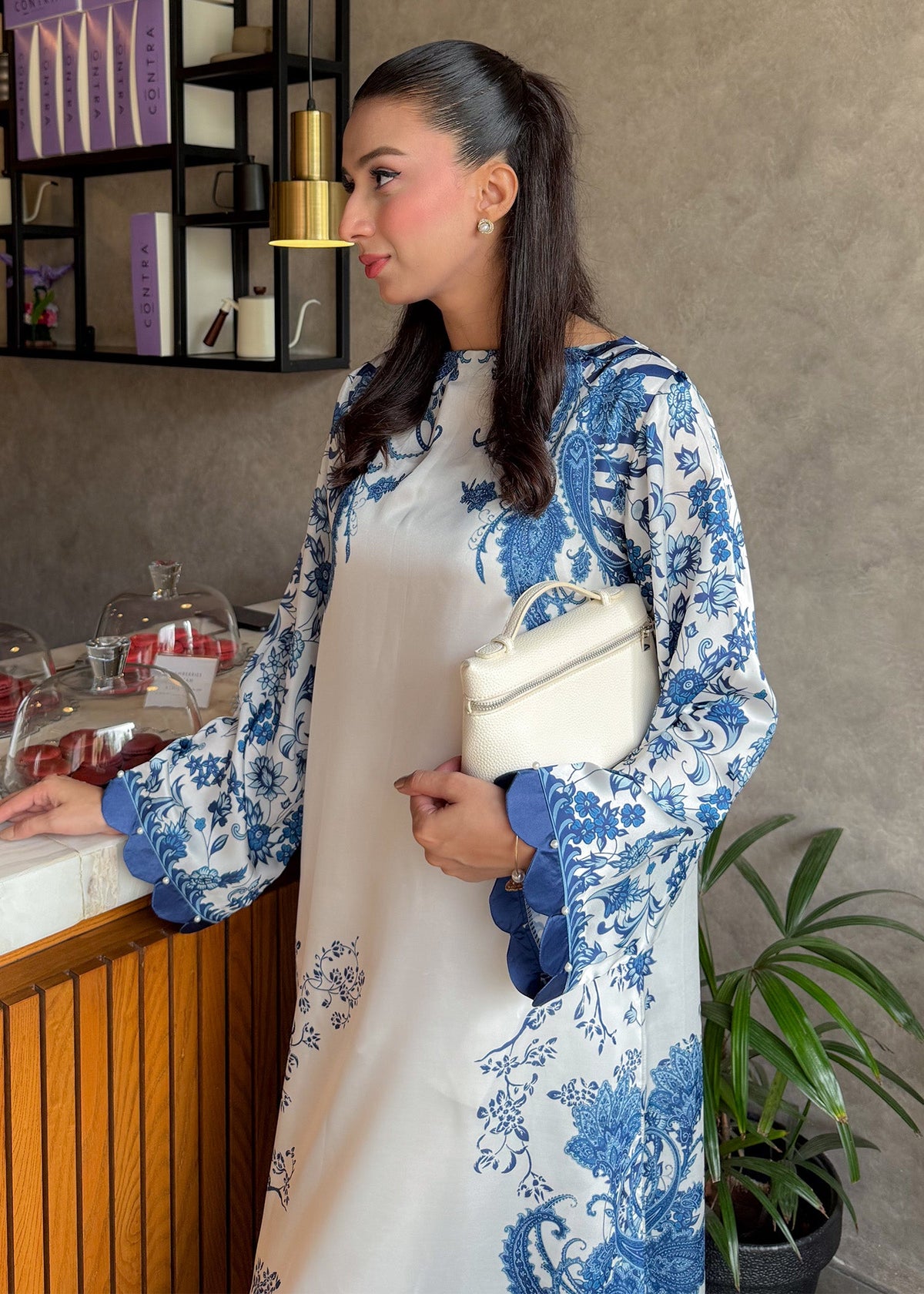 Blue Printed Satin Silk Kaftan Online in Dubai UAE Abudhabi Ajman Sharjah