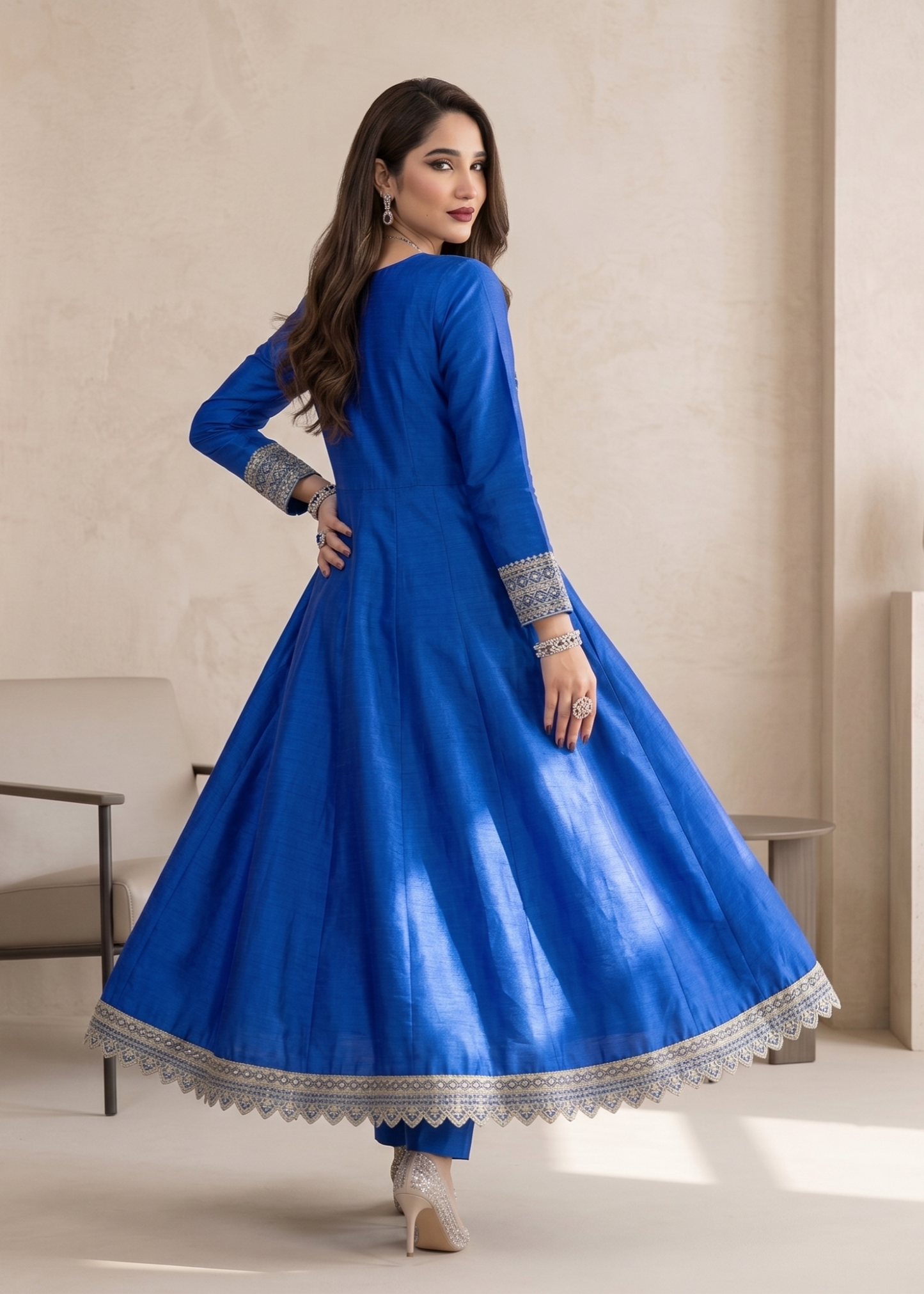 Blue Raw Silk Embroidered Maxi with Dupatta Online in Dubai DXB UAE Abudhabi Meena Bazaar