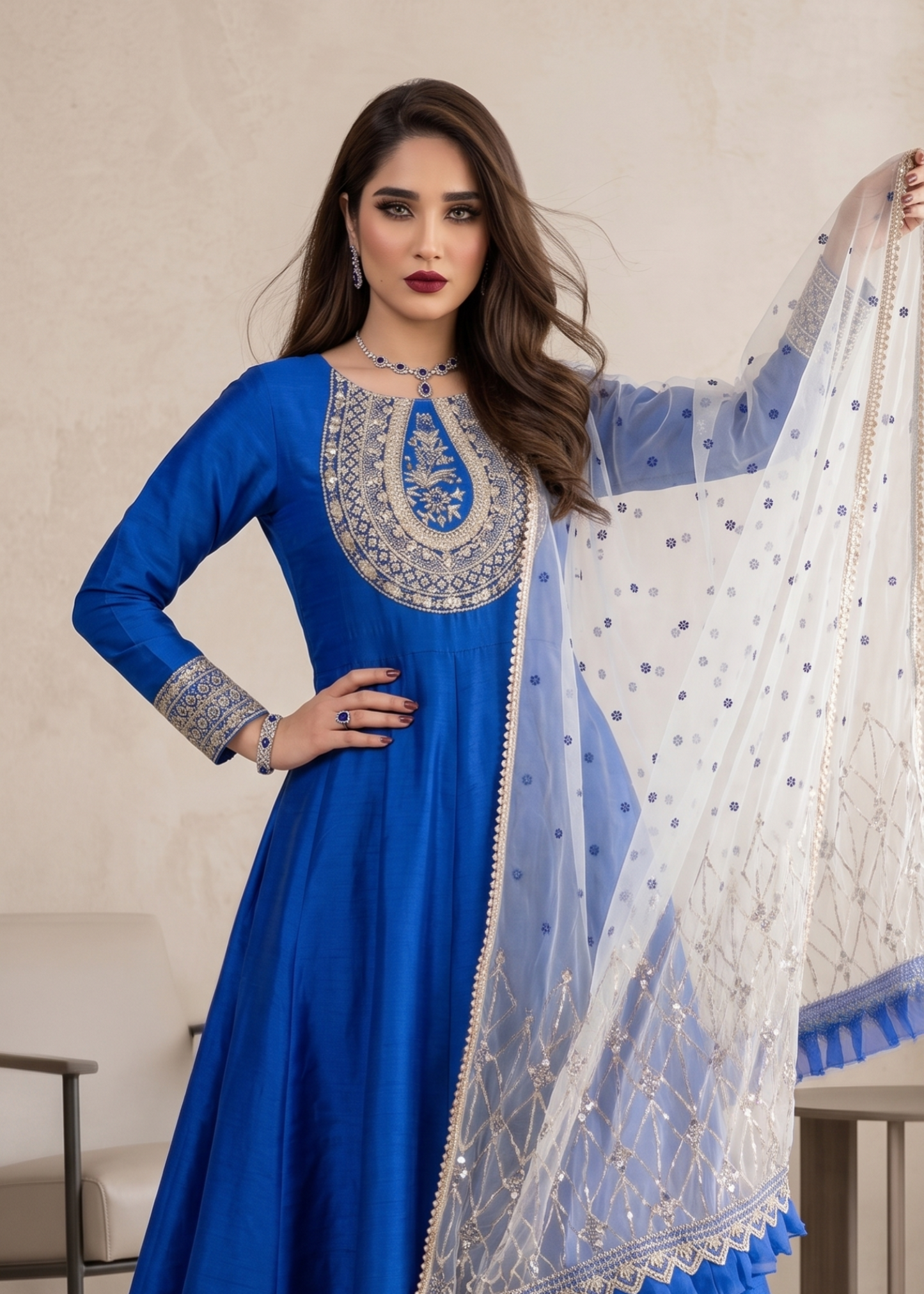 Blue Raw Silk Festive Maxi with Viscose Trouser Online in Sri Lanka India Australia