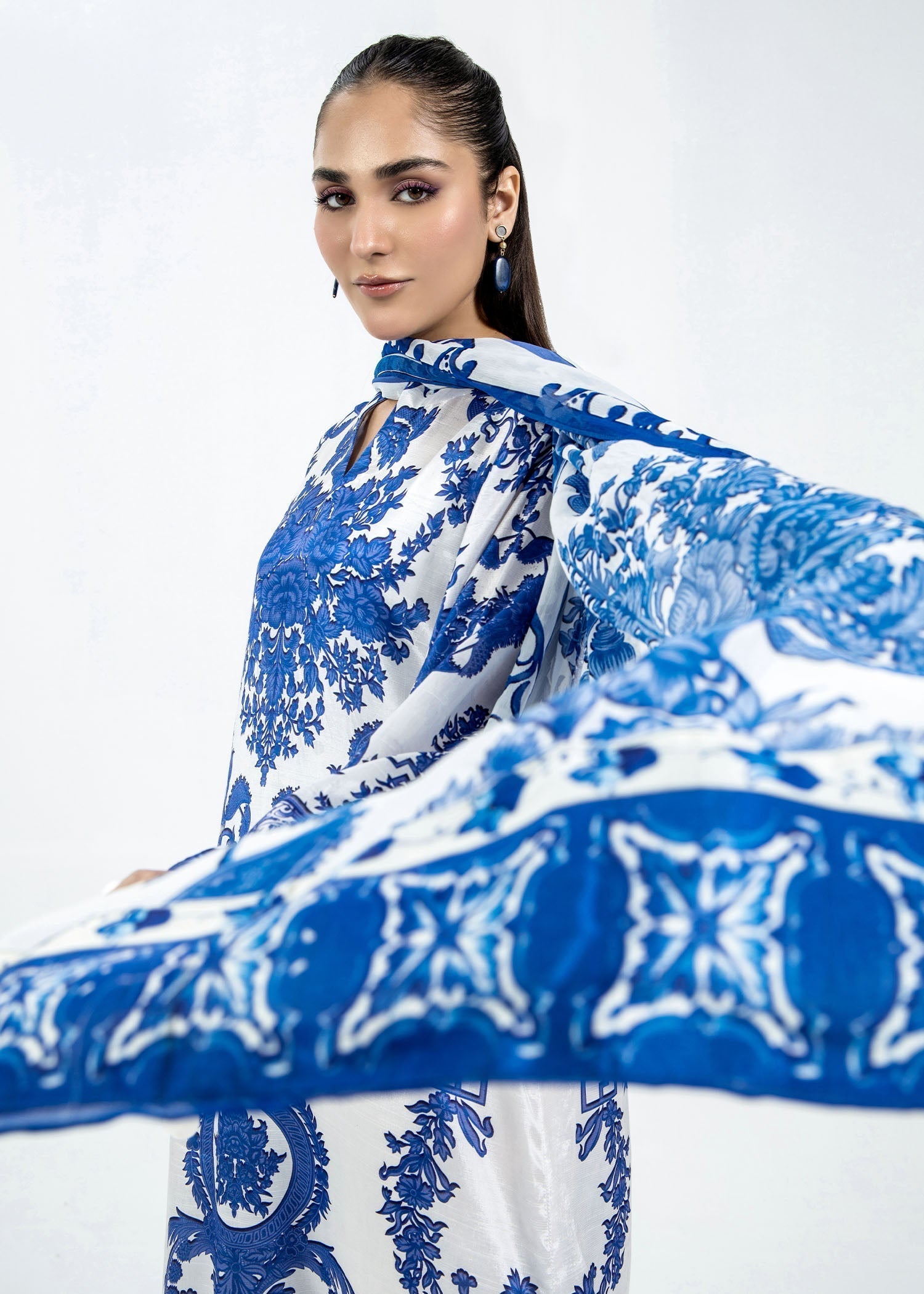 Blue Raw Silk Kaftan with Chiffon Dupatta Online in Dubai DXB UAE Abudhabi Meena Bazaar