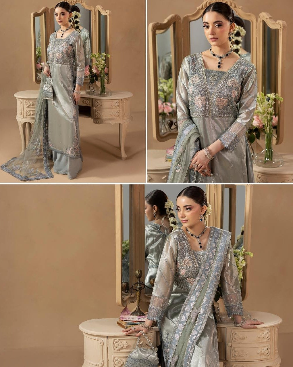 Blue Resham Embroidered Net Dupatta Sharara Set Online in Sri Lanka India Australia