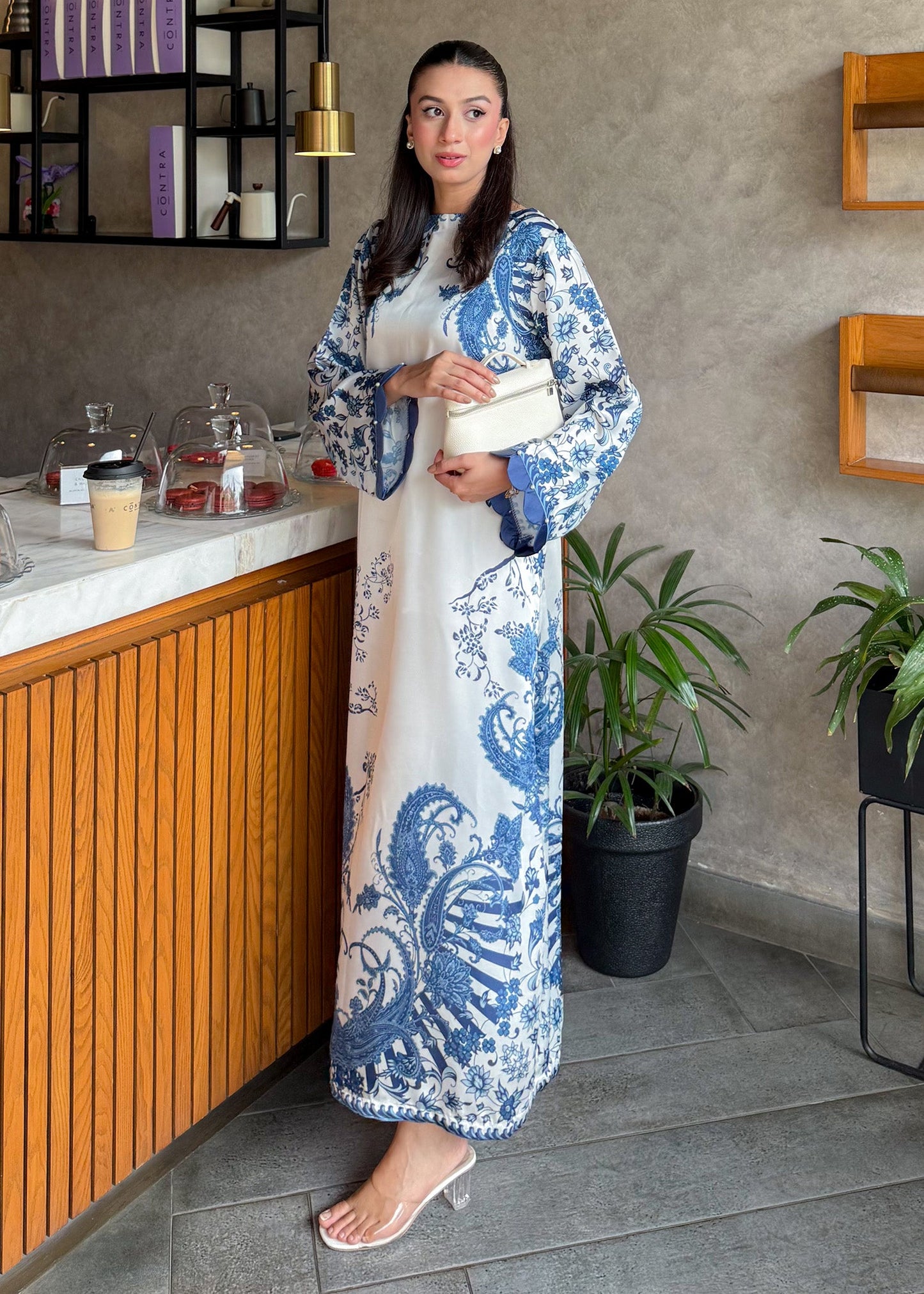 Blue Satin Silk Printed Kaftan Party Wear Online in Sri Lanka India Australia