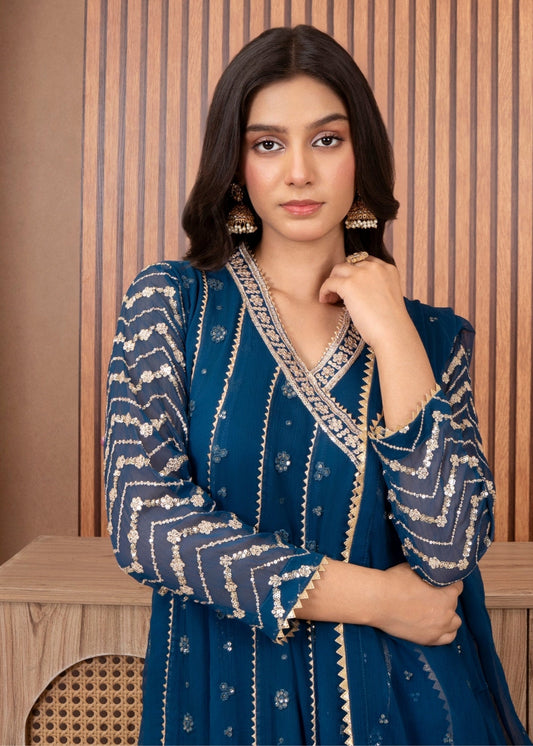 Blue Sequins Chiffon Partywear Suit Online in Sri Lanka India Australia