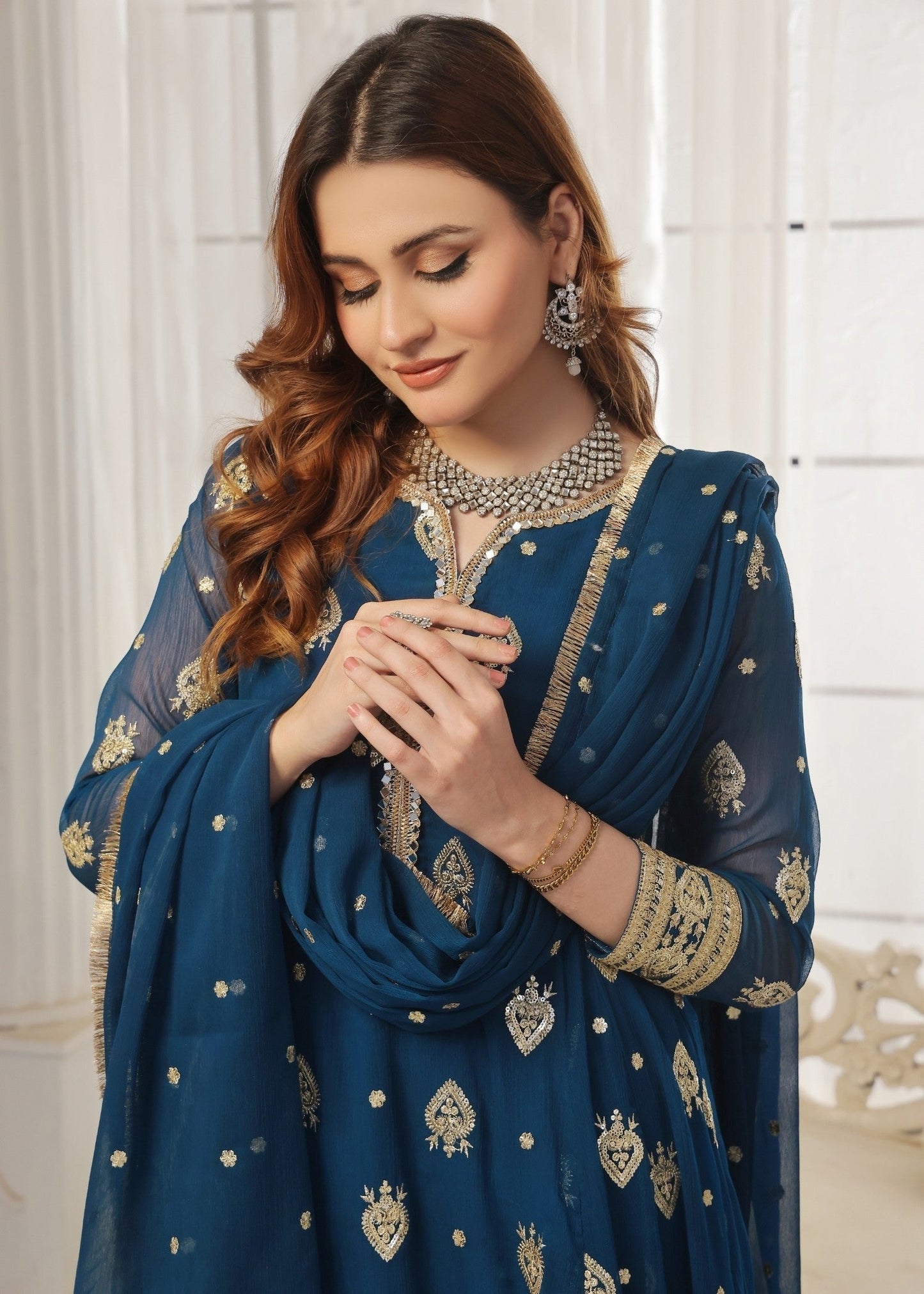 Blue Sequins Chiffon Partywear Suit Online in Sri Lanka India Australia
