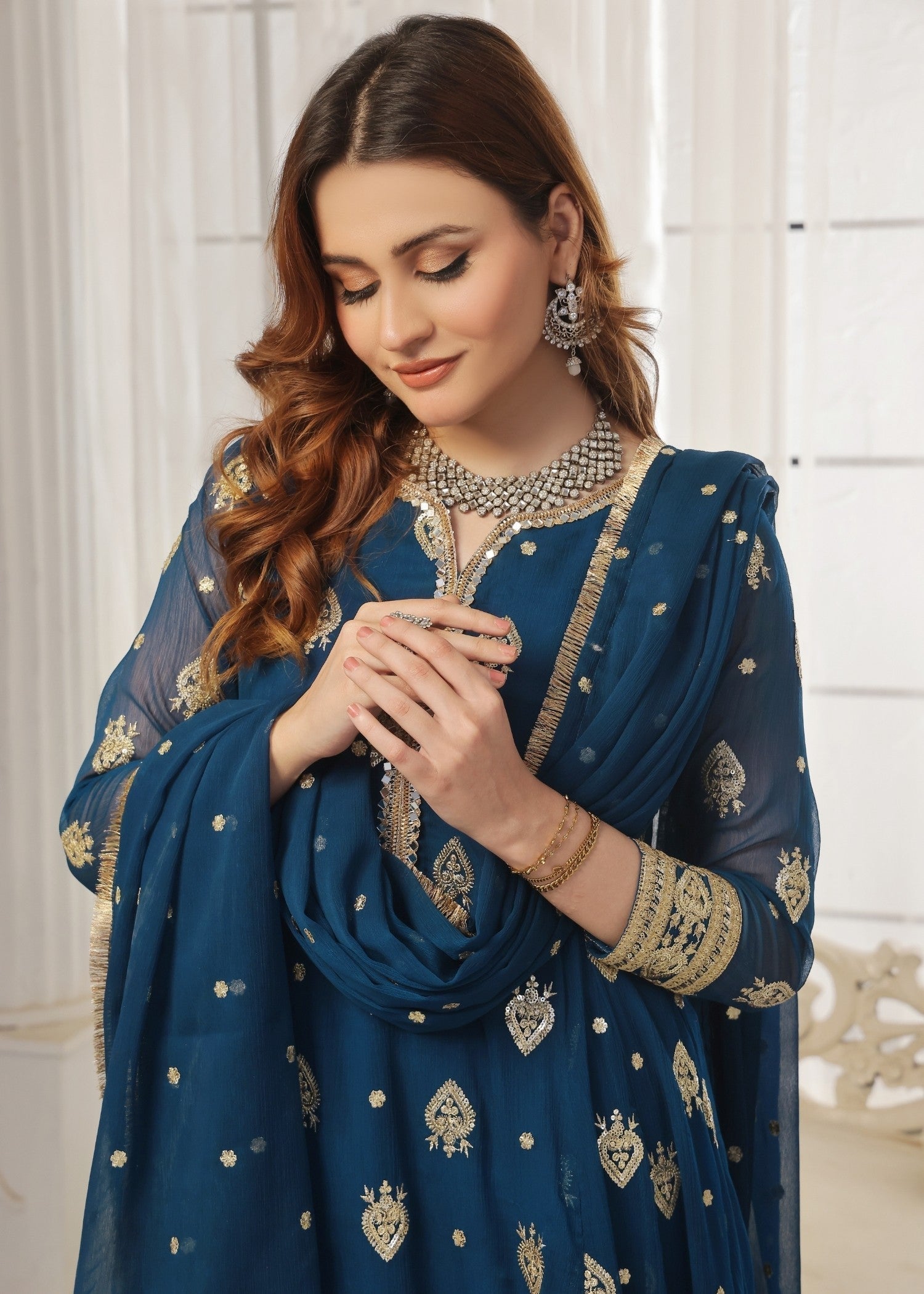 Blue Sequins Chiffon Partywear Suit Online in Sri Lanka India Australia