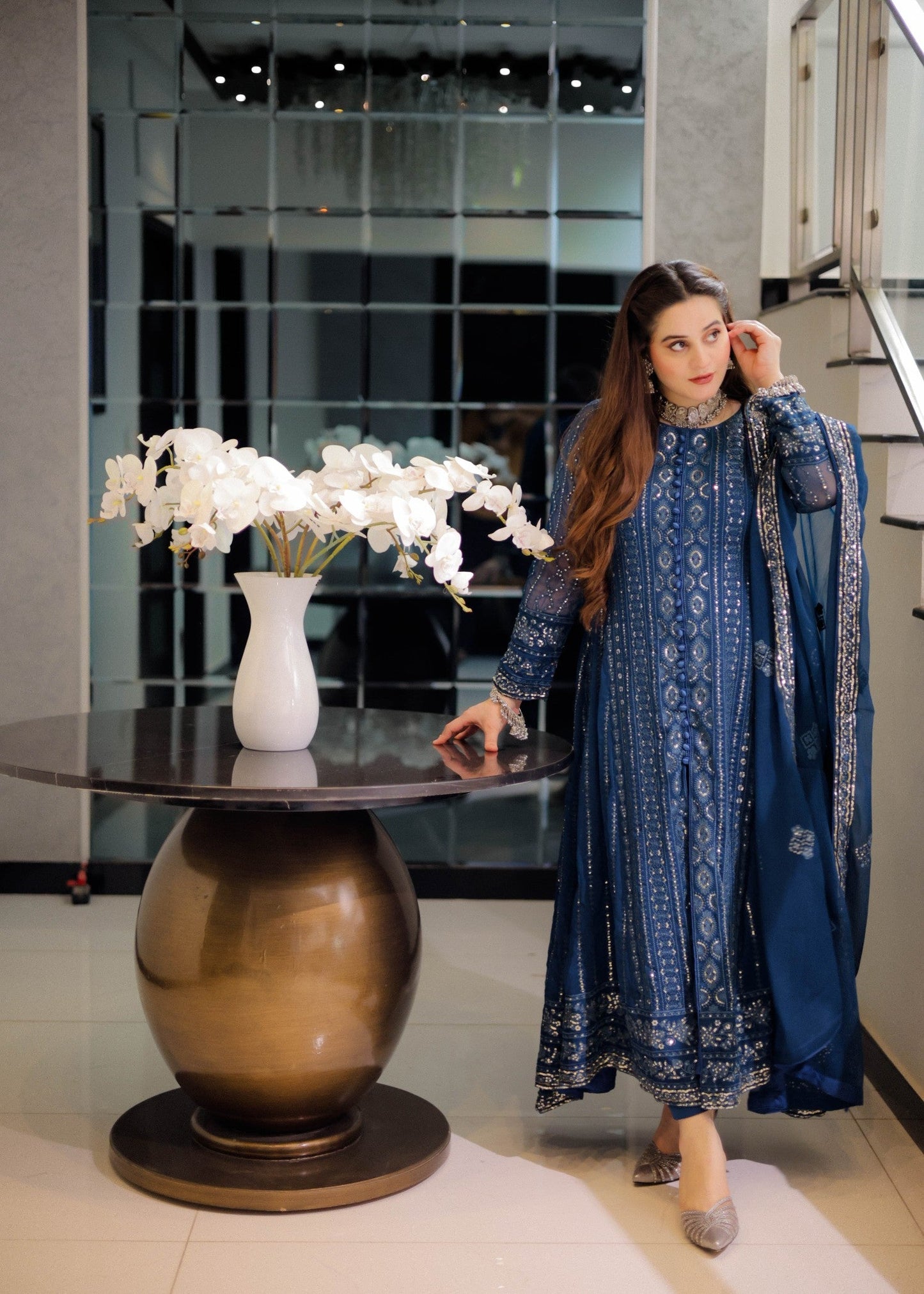 Blue Sequins Embellished Chiffon Pishwas Dress Online in Sri Lanka India Australia