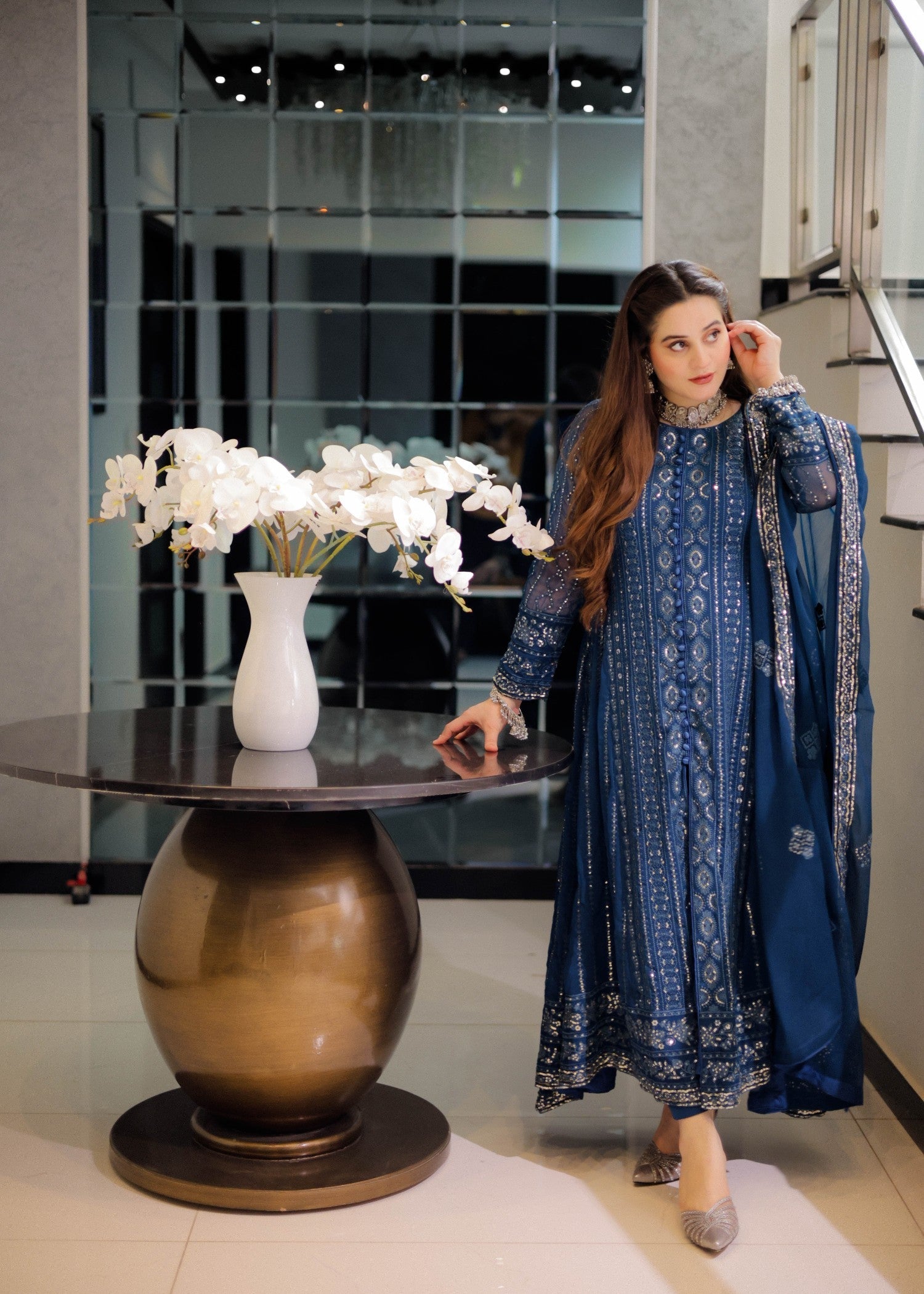 Blue Sequins Embellished Chiffon Pishwas Dress Online in Sri Lanka India Australia