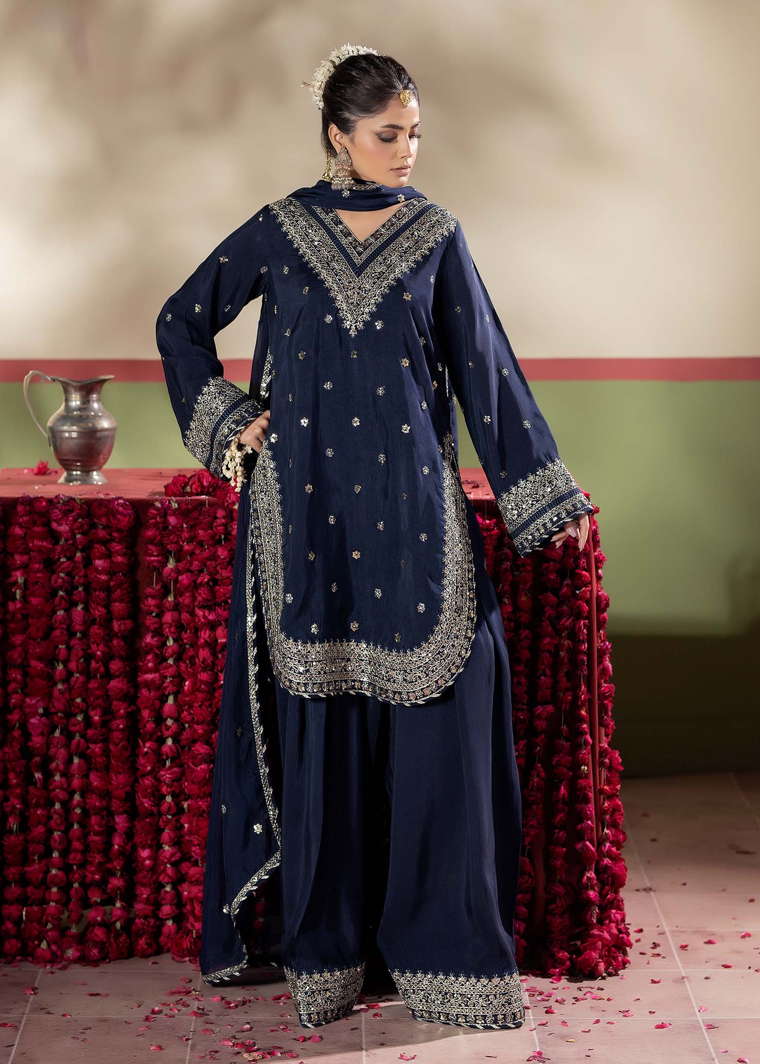 Blue Silk Farshi Shalwar Party Outfit Online in UK USA Canada