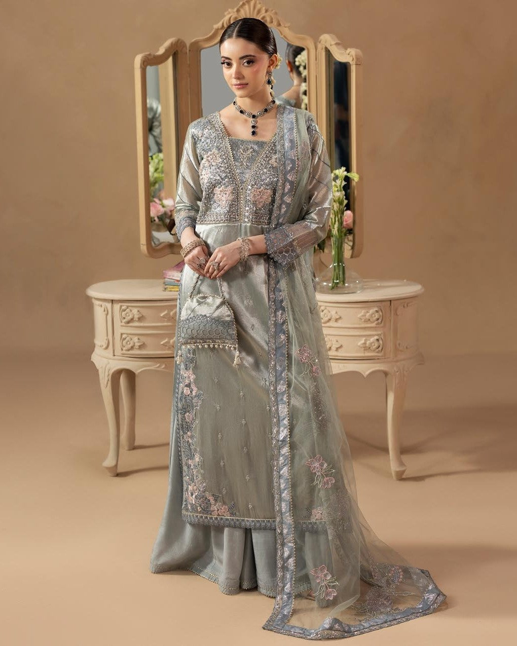 Blue Silk Sharara with Potli Bag Online in Dubai UAE Abudhabi Ajman Sharjah