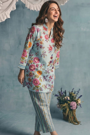 Blue Slub Lawn Straight Cut Kurta Set Online in Dubai UAE Abudhabi Ajman Sharjah