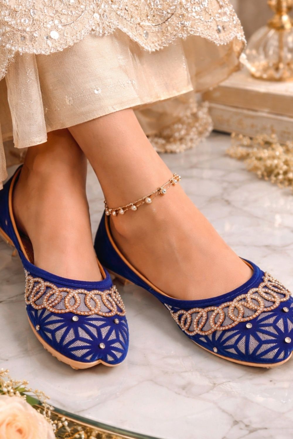 Blue Velvet Embroidered Kolhapuri Online in Dubai UAE Abudhabi Ajman Sharjah