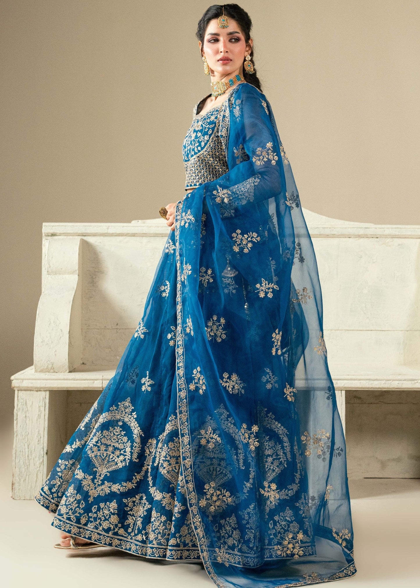 Blue Zari Embroidered Wedding Lehenga Set Online in KSA Riyadh Saudi Arabia Oman Bahrain Qatar