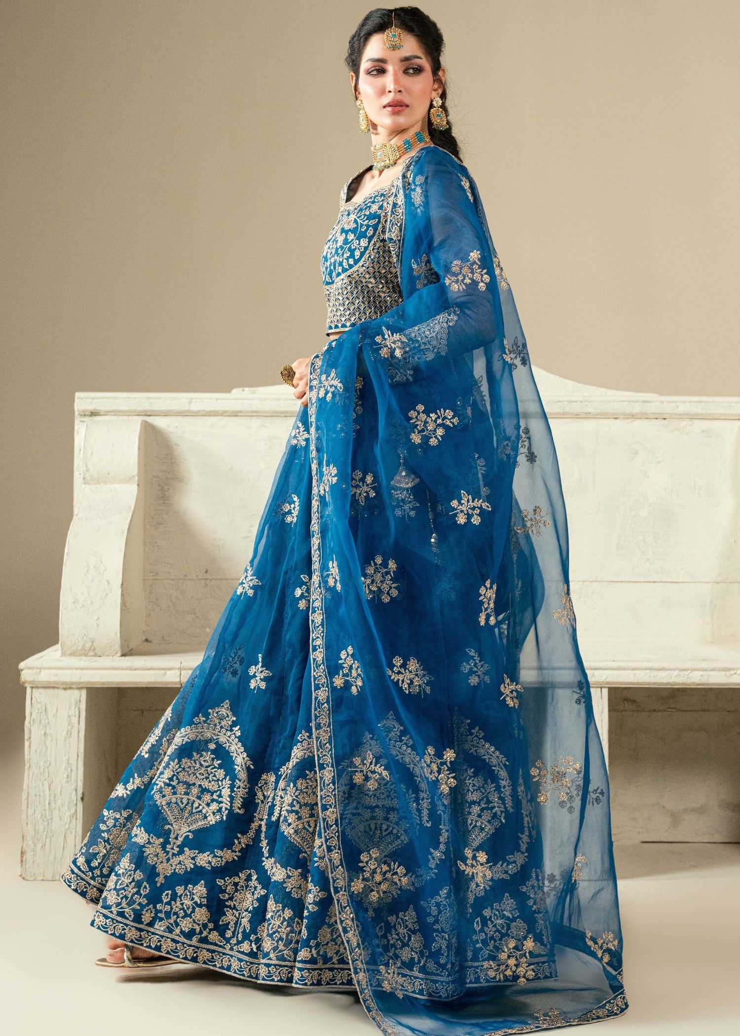 Blue Zari Embroidered Wedding Lehenga Set Online in KSA Riyadh Saudi Arabia Oman Bahrain Qatar