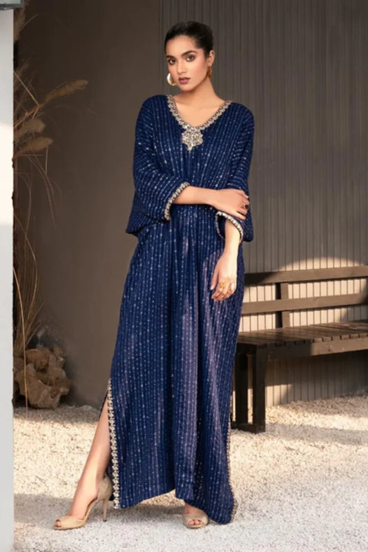 Blue Embroidered Chiffon Kaftan