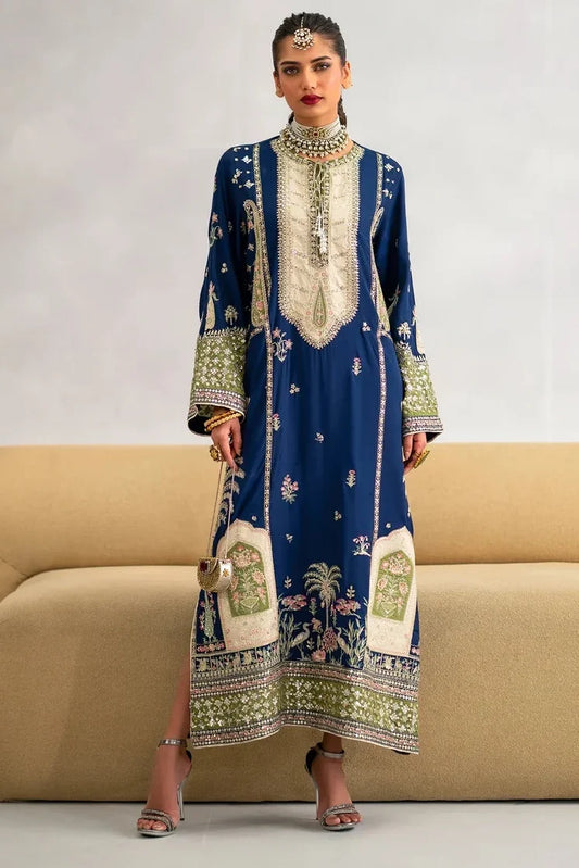 Royal Blue Sequins Embroidered Raw Silk Kaftan with Dupatta