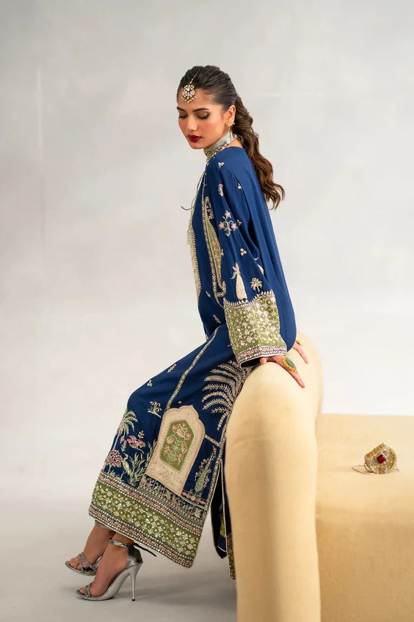 Royal Blue Sequins Embroidered Raw Silk Kaftan with Dupatta