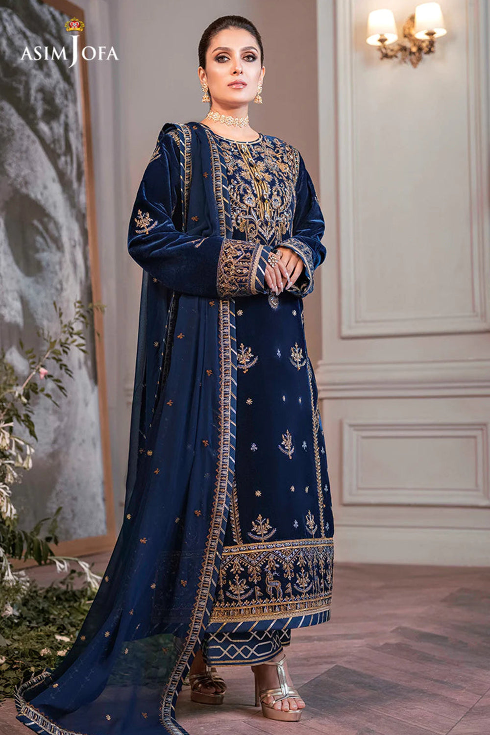 Navy Blue Embroidered Velvet Suit