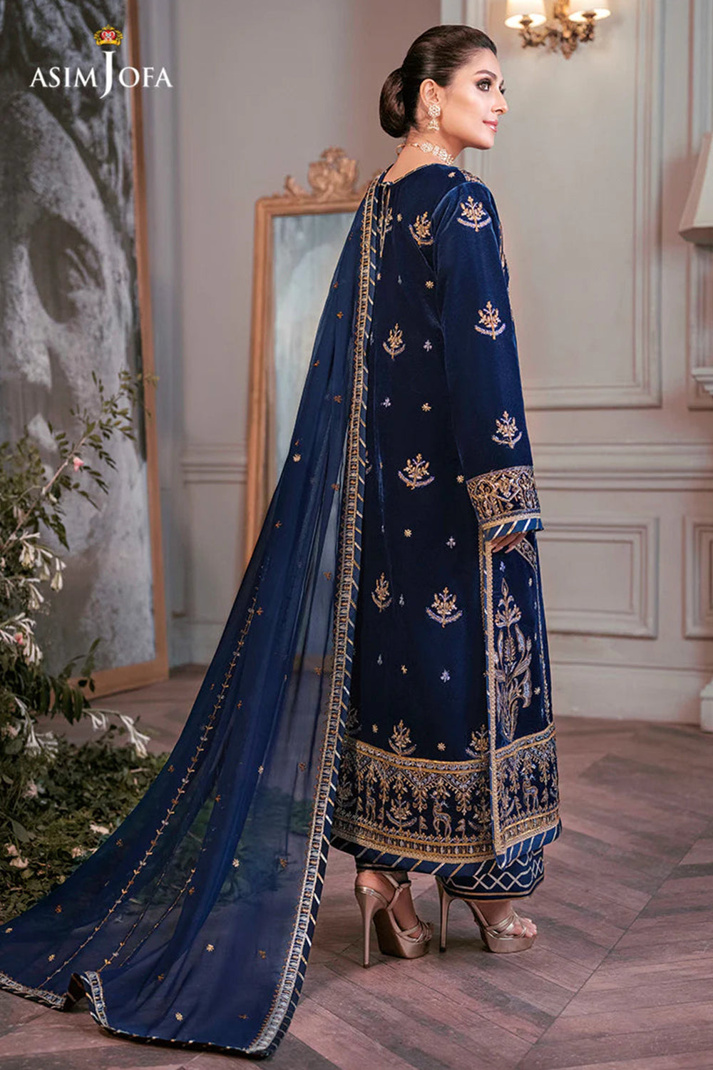 Navy Blue Embroidered Velvet Suit