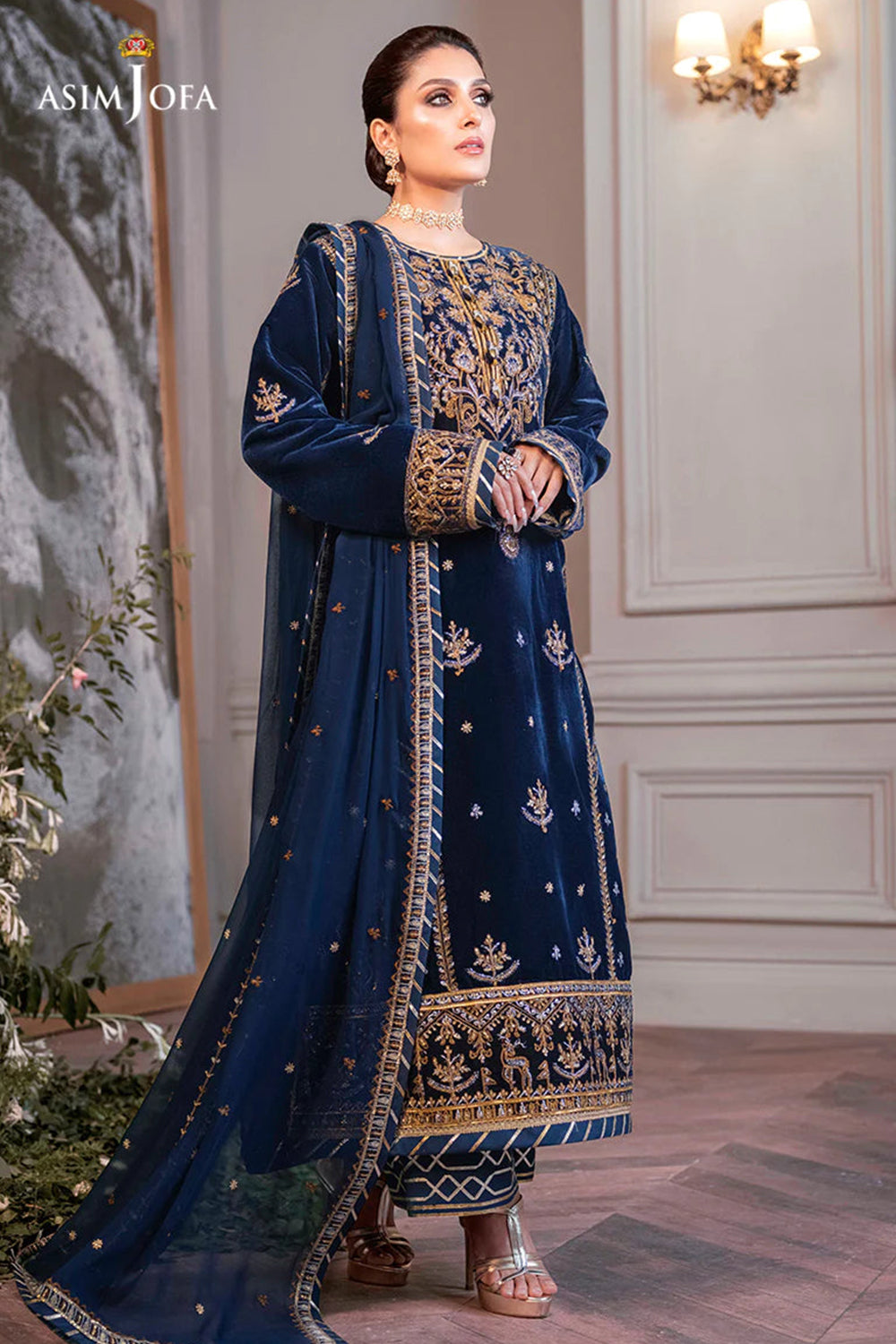 Navy Blue Embroidered Velvet Suit