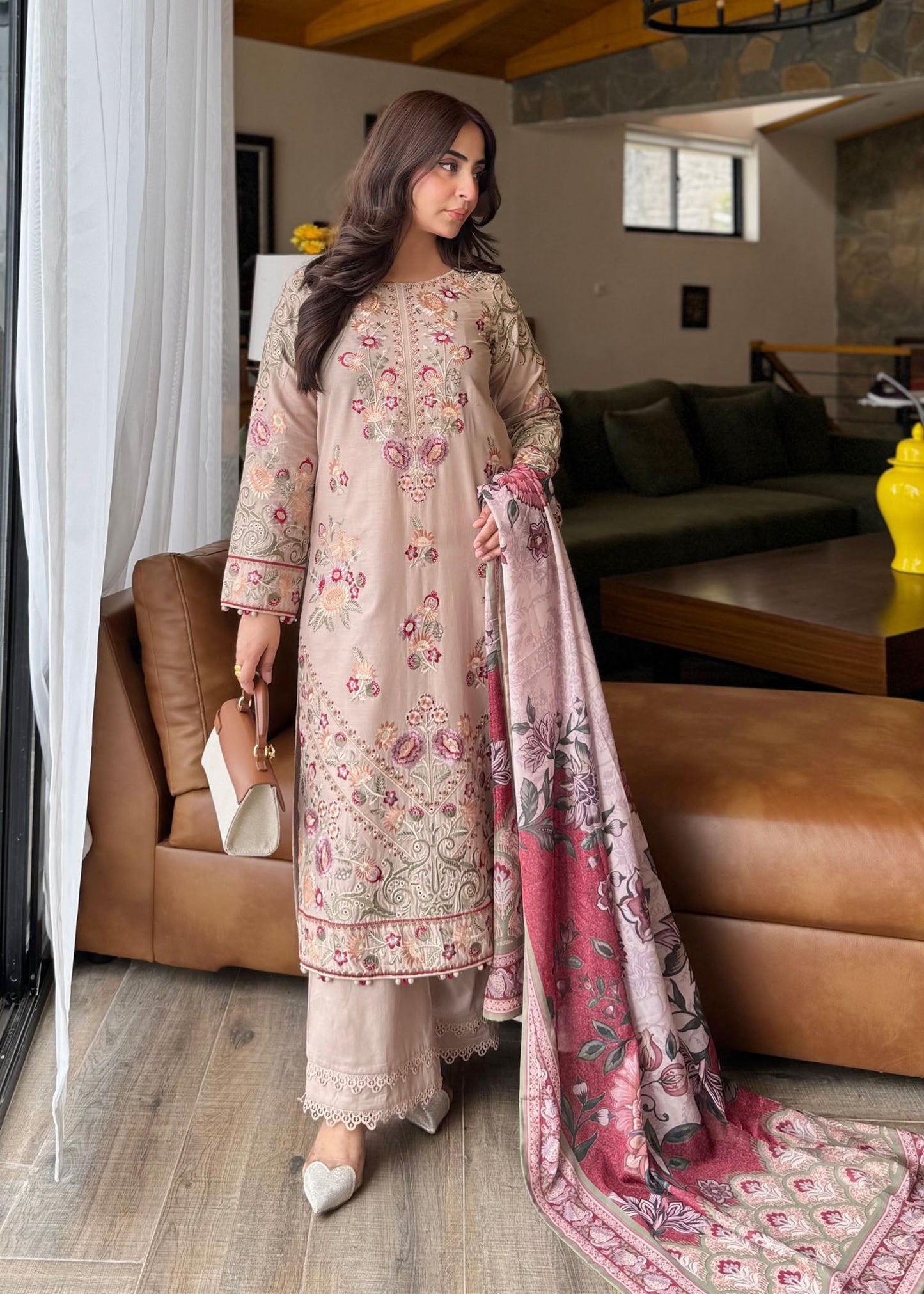 Blush-Beige Floral Embroidered Lawn Dress Material Online in Sri Lanka India Australia