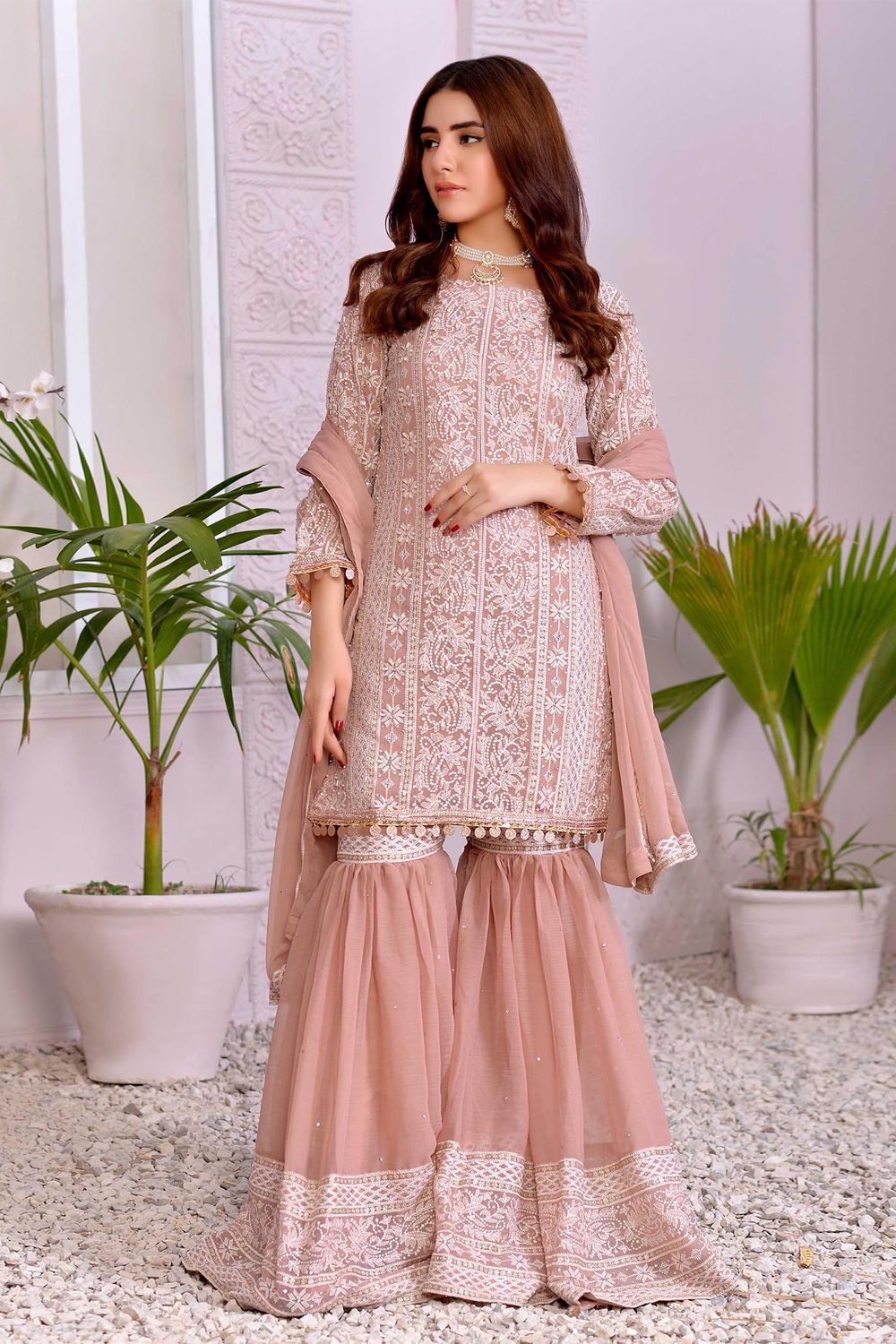 Blush Pink Chiffon Flared Gharara Suit Online in Dubai UAE Abudhabi Ajman Sharjah