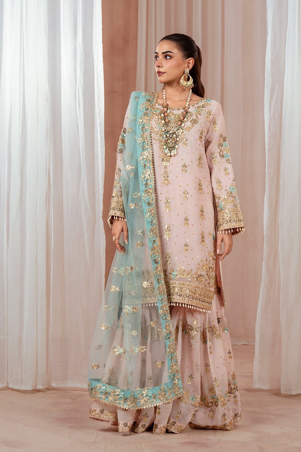 Blush Pink Chiffon Gharara Suit Online in Dubai UAE Abudhabi Ajman Sharjah