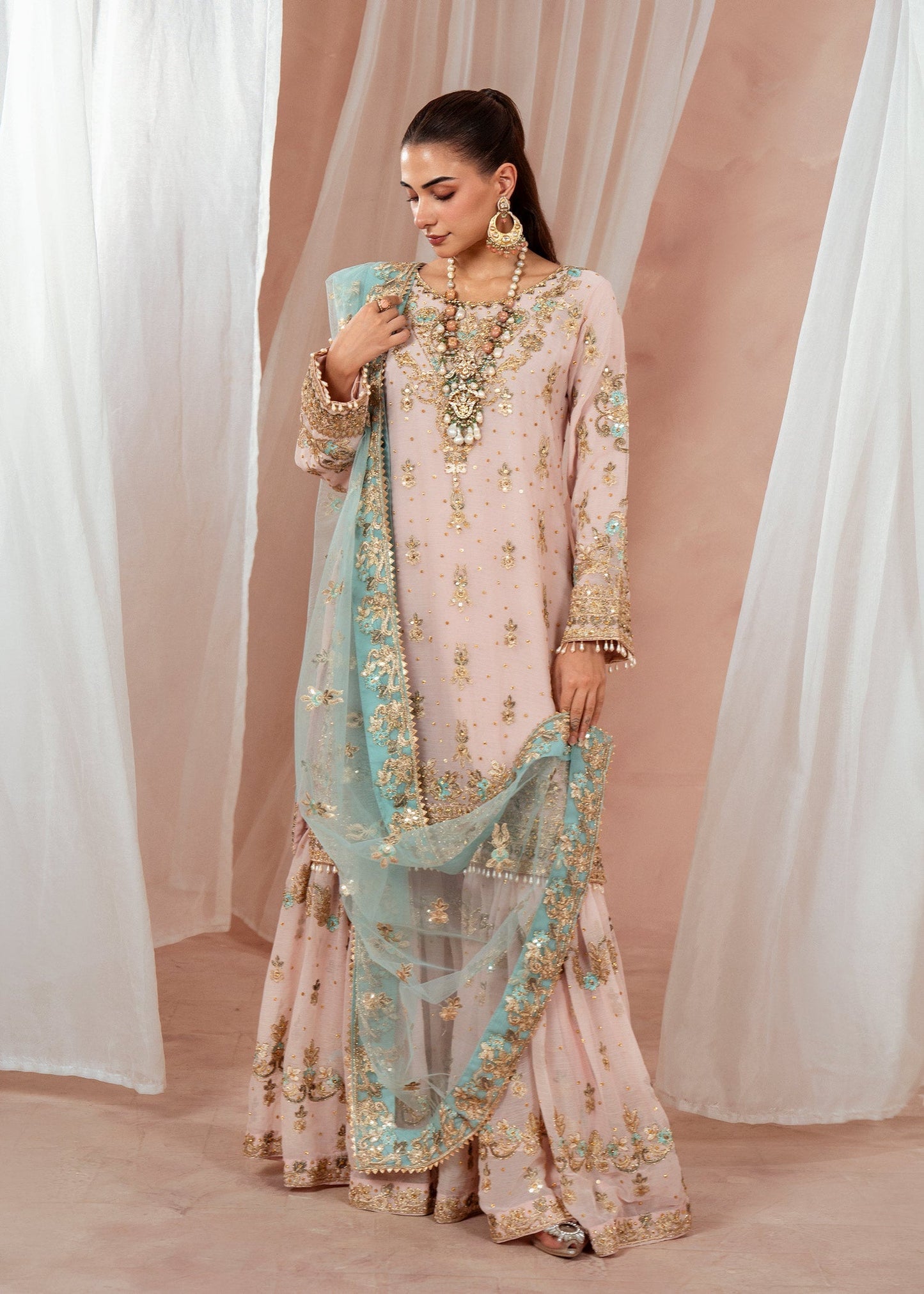 Blush Pink Chiffon Gharara with Dupatta Online in Dubai DXB UAE Abudhabi Meena Bazaar