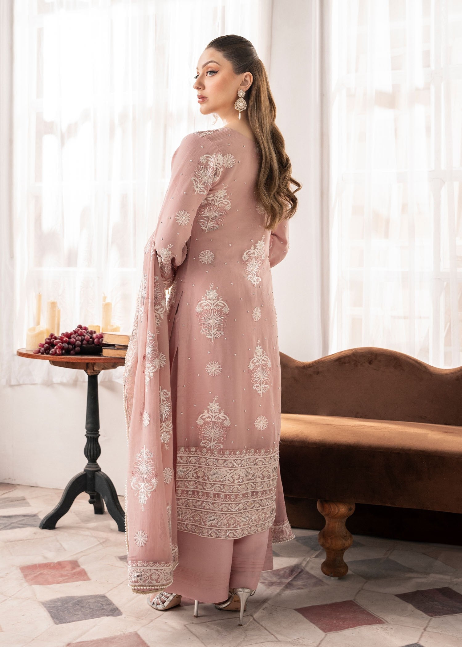 Blush Pink Chiffon Straight Kurta Plazzo Online in Dubai DXB UAE Abudhabi Meena Bazaar