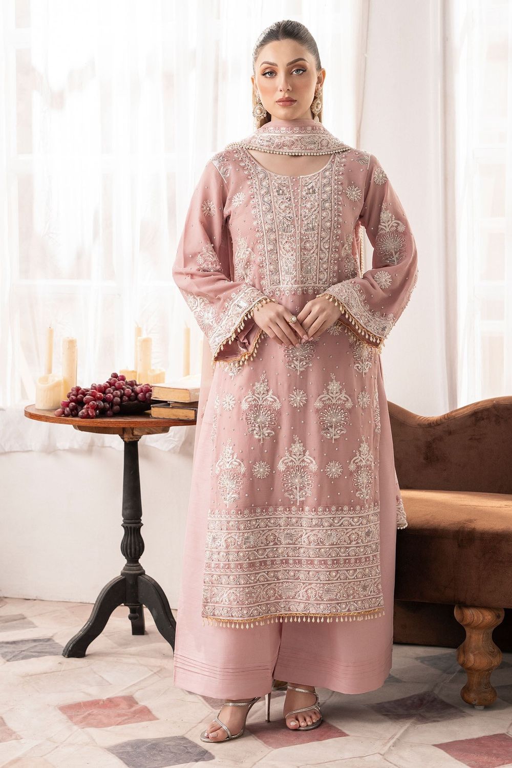 Blush Pink Embroidered Chiffon Partywear Suit Online in Dubai UAE Abudhabi Ajman Sharjah