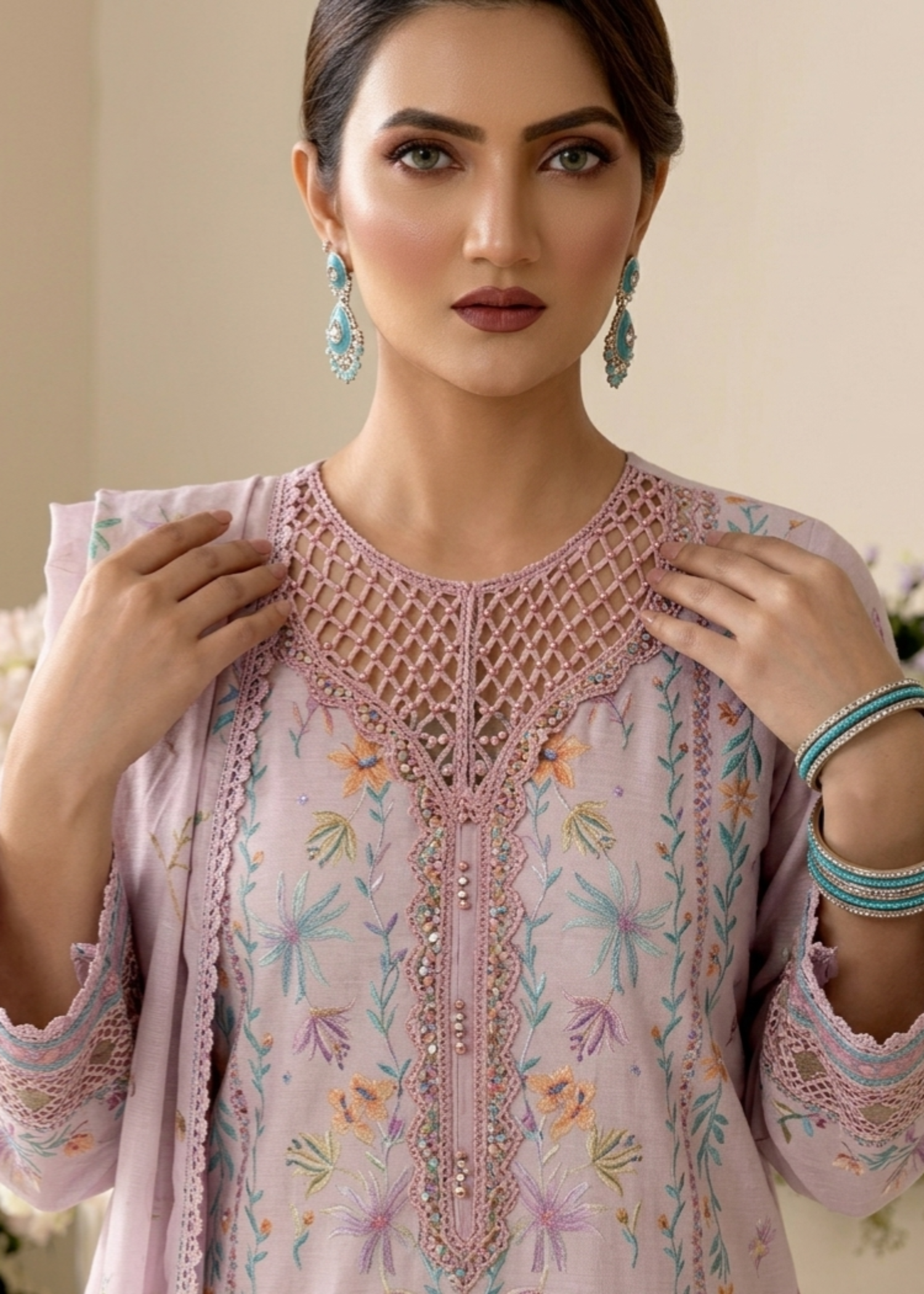 Blush Pink Embroidered Raw Silk Three Piece Suit Online in KSA Riyadh Saudi Arabia Oman Bahrain Qatar