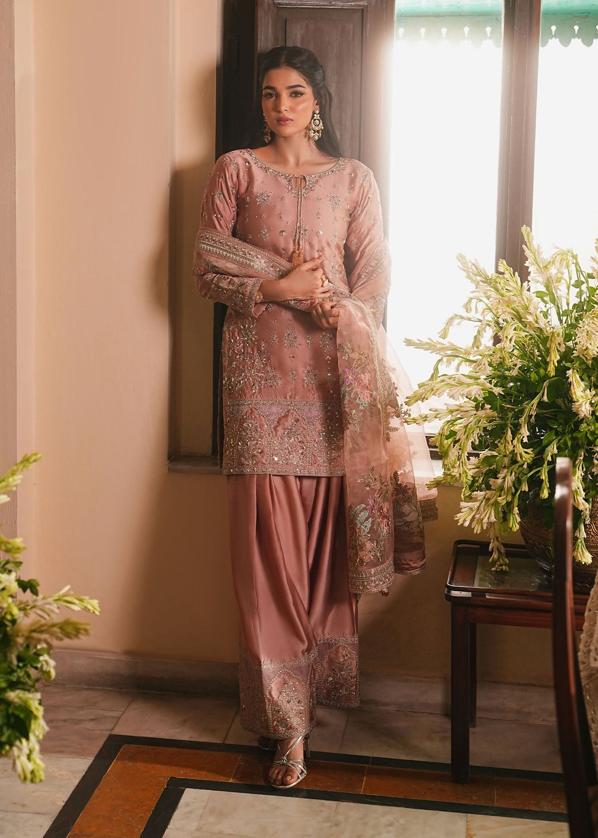 Blush Pink Embroidered Silk Charmeuse Designer Salwar Suit Online in UK USA Canada