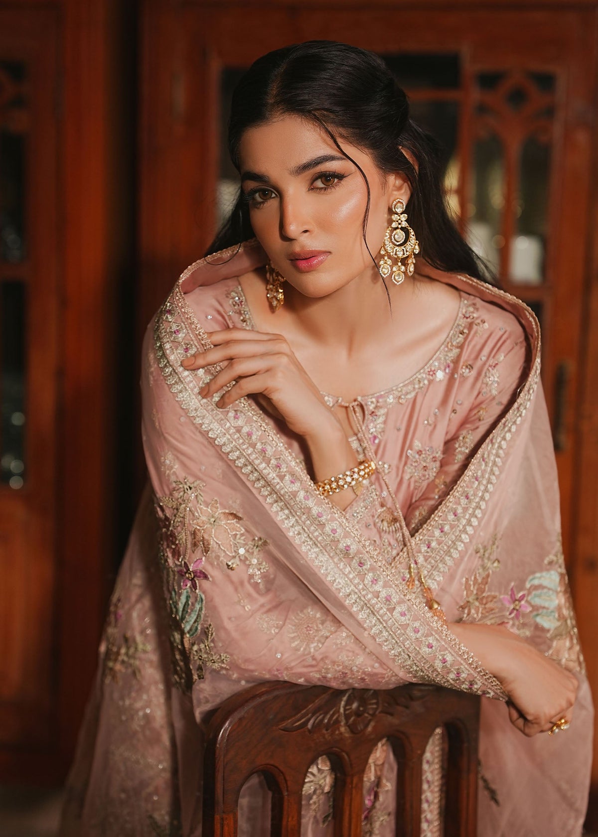 Blush Pink Embroidered Silk Charmeuse Pakistani Designer Suit Online in KSA Riyadh Saudi Arabia Oman Bahrain Qatar