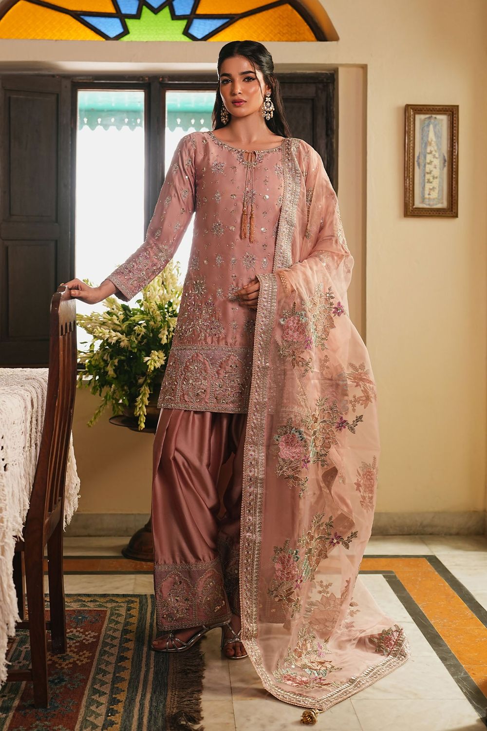 Blush Pink Embroidered Silk Charmeuse Pakistani Suit Online in Dubai UAE Abudhabi Ajman Sharjah