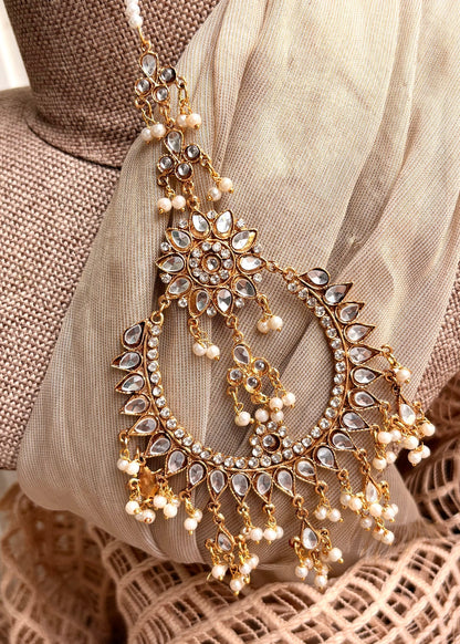 Bold Gold Plated Jumbo Earrings & Maang Tikka Set Online in Dubai UAE Abudhabi Ajman Sharjah