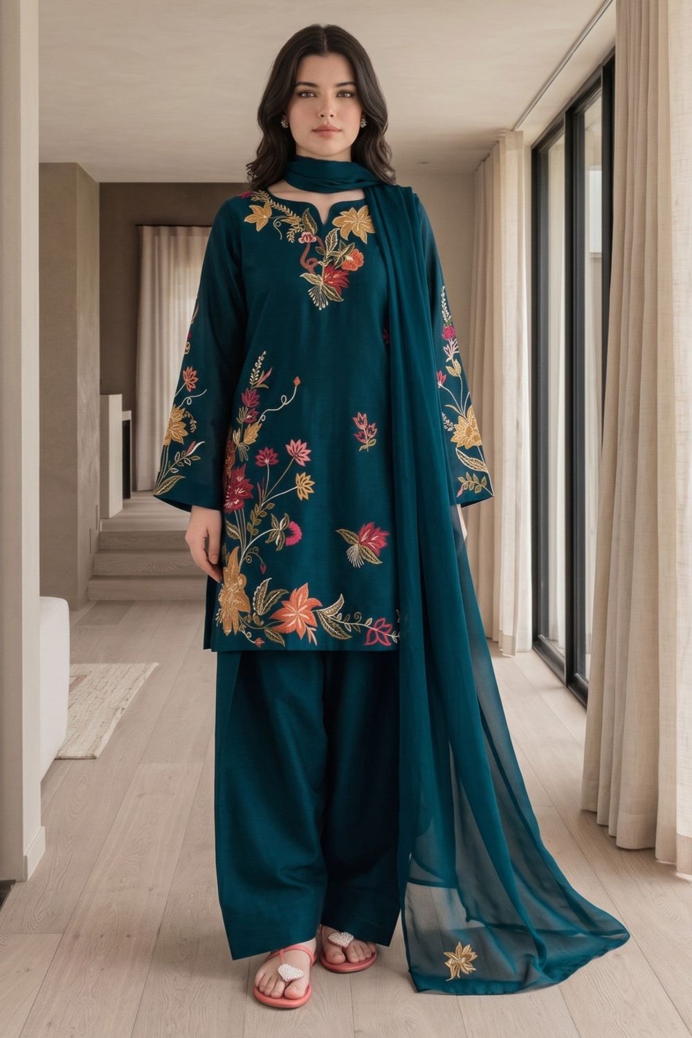 Bondi Blue Embroidered Lawn Cotton Farshi Shalwar Online in Dubai UAE Abudhabi Ajman Sharjah