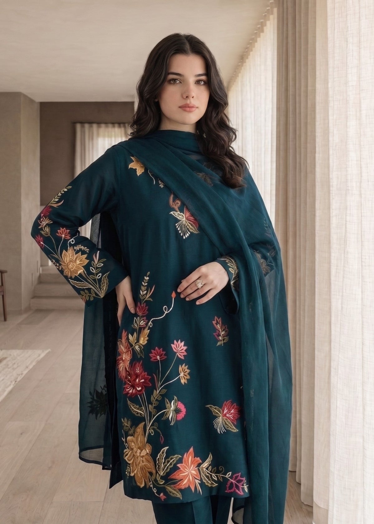Bondi Blue Embroidered Lawn Cotton Pakistani Designer Suit Online in KSA Riyadh Saudi Arabia Oman Bahrain Qatar