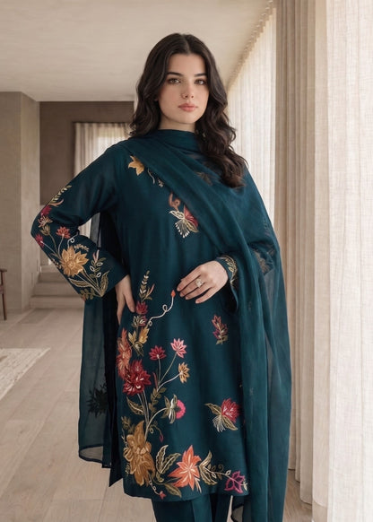 Bondi Blue Embroidered Lawn Cotton Pakistani Designer Suit Online in KSA Riyadh Saudi Arabia Oman Bahrain Qatar