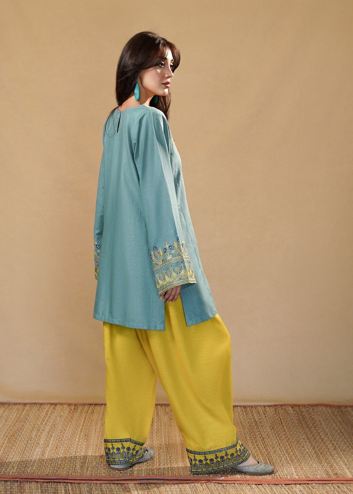 Bondi Blue Embroidered Slub Khaddar Farshi Shalwar Online in Dubai UAE Abudhabi Ajman Sharjah
