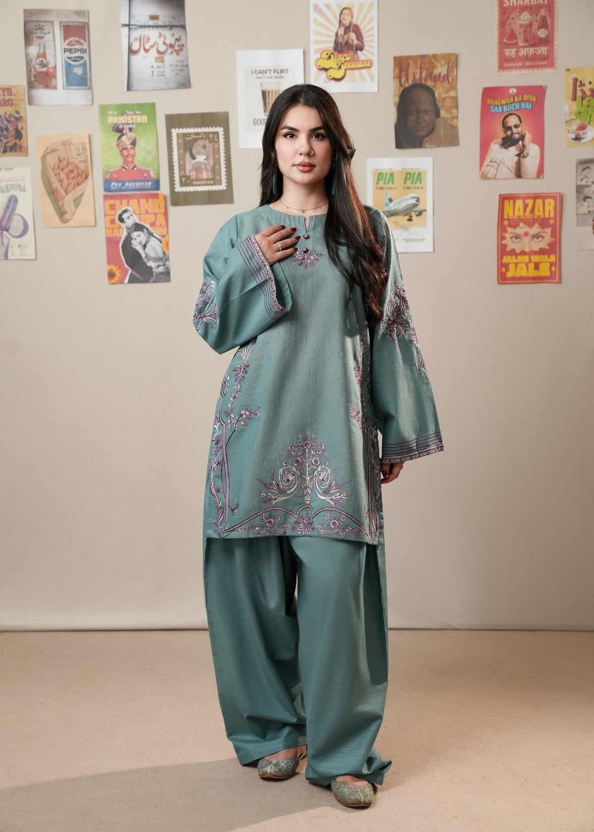 Bondi Blue Embroidered Slub Khaddar Farshi Shalwar Online in KSA Riyadh Saudi Arabia Oman Bahrain Qatar