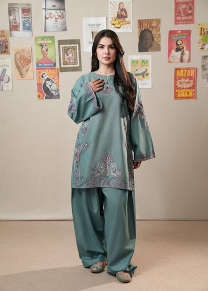 Bondi Blue Embroidered Slub Khaddar Farshi Shalwar Online in KSA Riyadh Saudi Arabia Oman Bahrain Qatar