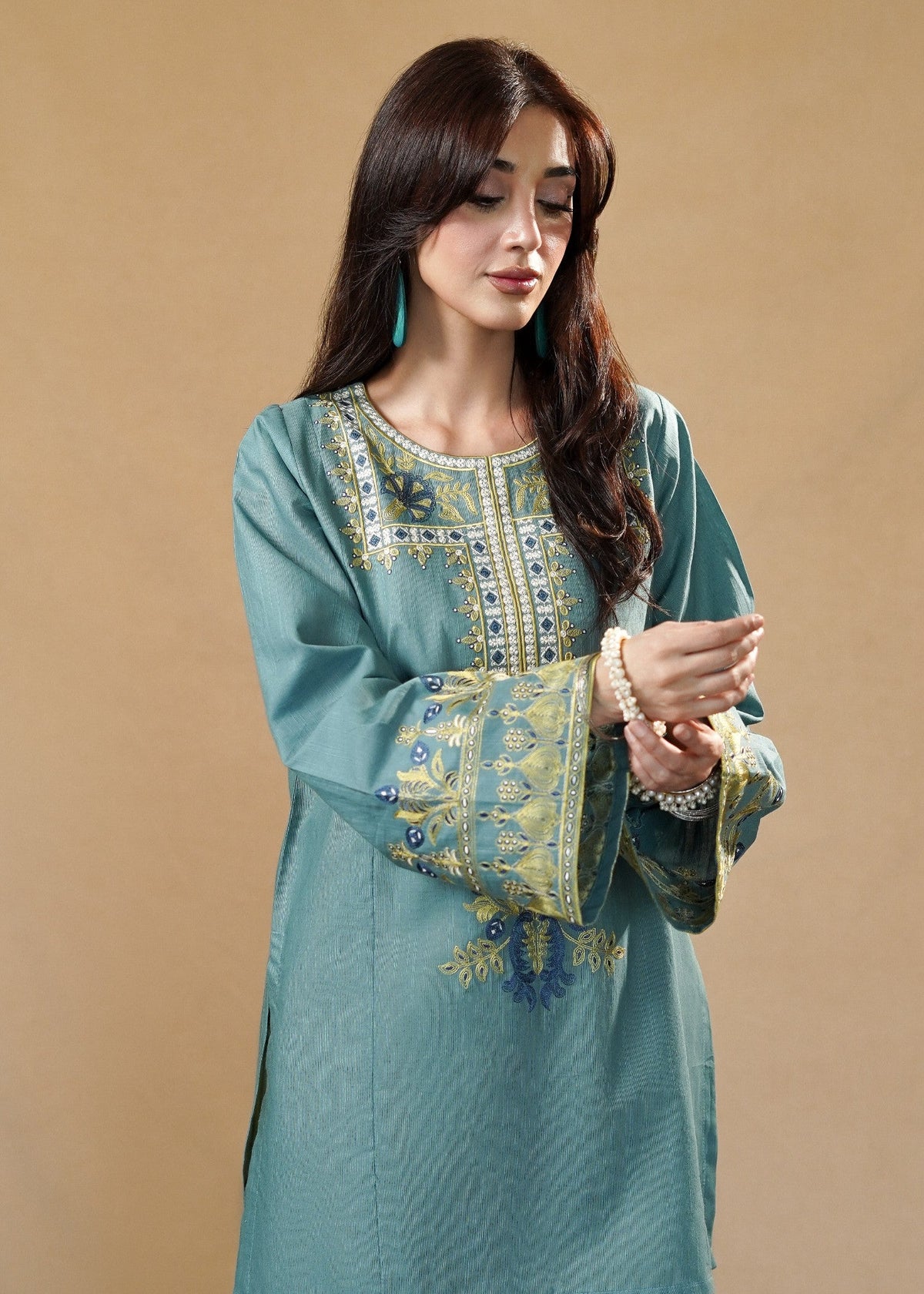 Bondi Blue Embroidered Slub Khaddar Kurta Set Online in Dubai DXB UAE Abudhabi Meena Bazaar