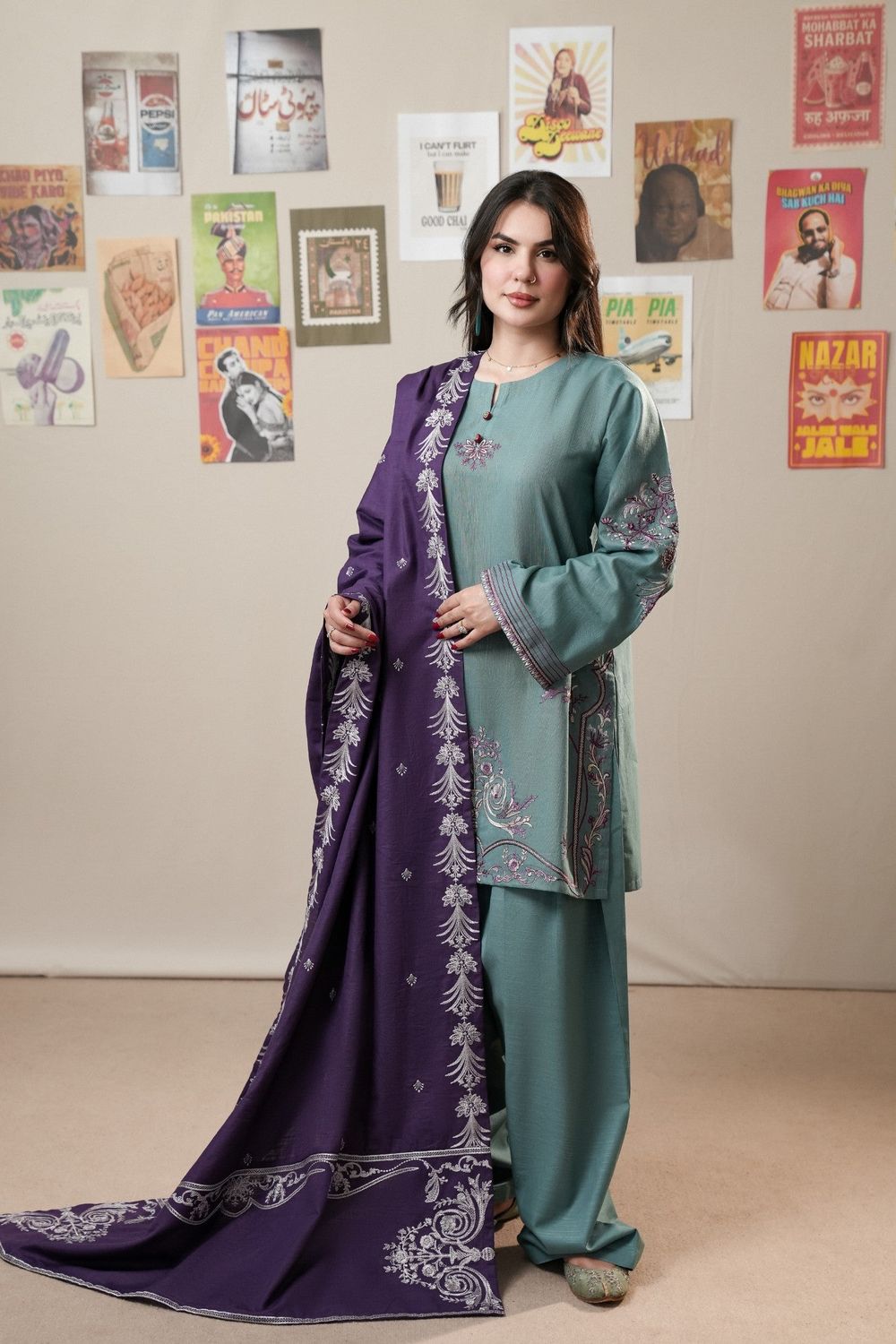 Bondi Blue Embroidered Slub Khaddar Pakistani Suit Online in Dubai UAE Abudhabi Ajman Sharjah