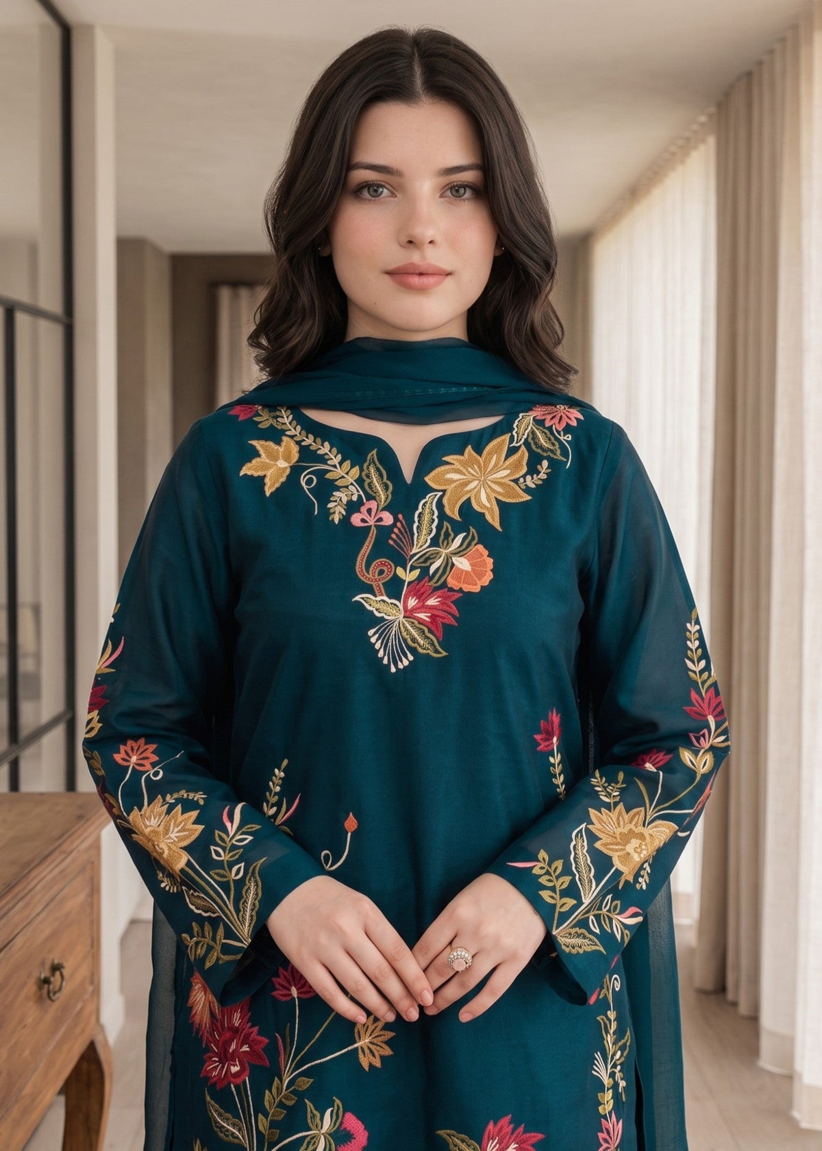 Bondi Blue Lawn Cotton Embroidered Kurta Set Online in Dubai UAE Abudhabi Ajman Sharjah