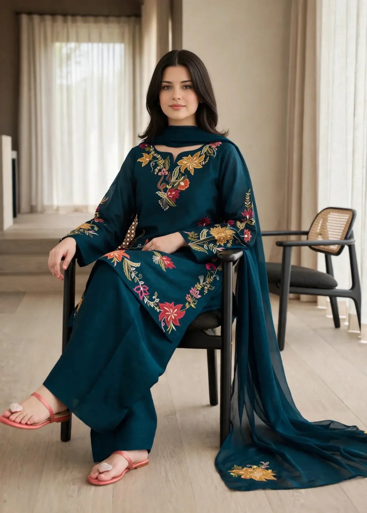 Bondi Blue Lawn Cotton Embroidered Kurta Set Online in KSA Riyadh Saudi Arabia Oman Bahrain Qatar