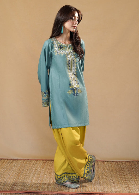 Bondi Blue Slub Khaddar Farshi Shalwar Stitched Online in Sri Lanka India Australia