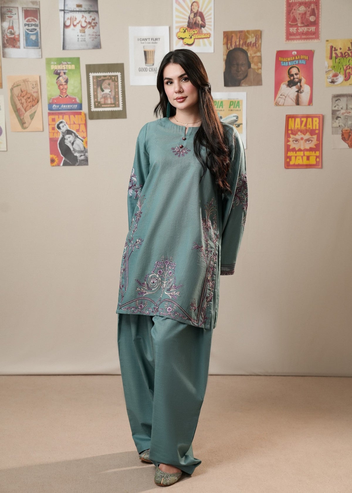 Bondi Blue Slub Khaddar Straight Kurta Pakistani Designer Suits Online in Sri Lanka India Australia