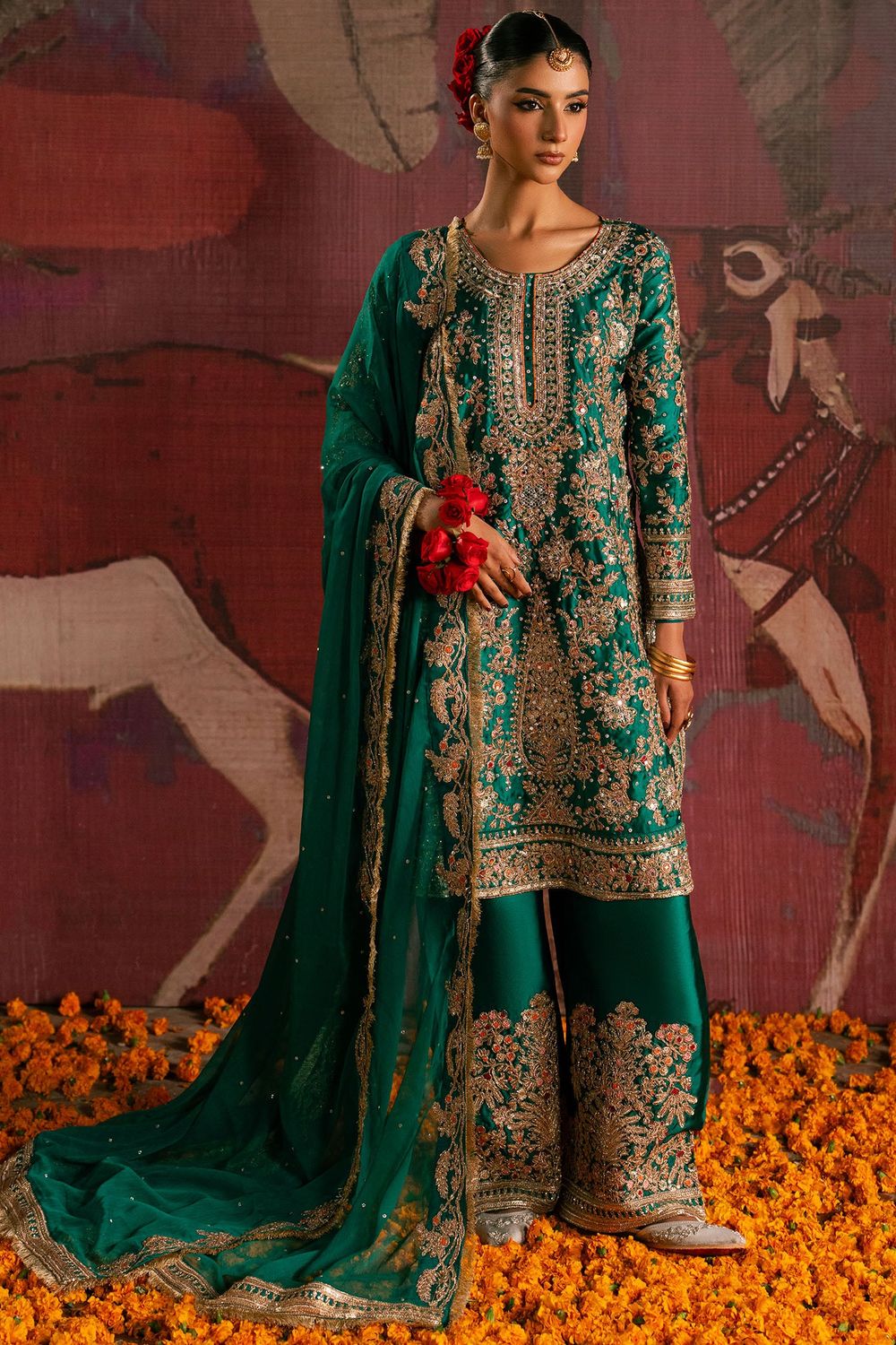 Bottle Green Antique Gold Embroidered Charmuse Partywear Suit Online in Dubai UAE Abudhabi Ajman Sharjah