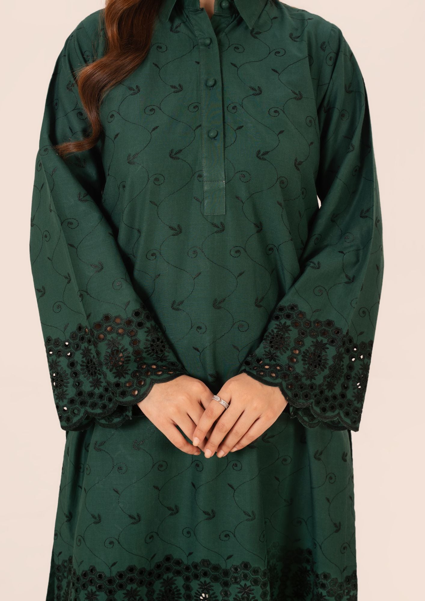 Bottle Green Cambric Kurta Set with Chiffon Dupatta Online in UK USA Canada
