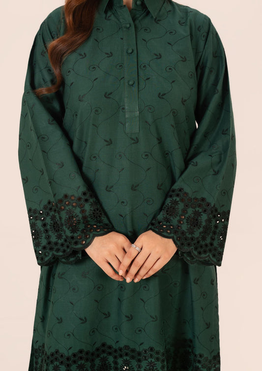 Bottle Green Cambric Kurta Set with Chiffon Dupatta Online in UK USA Canada