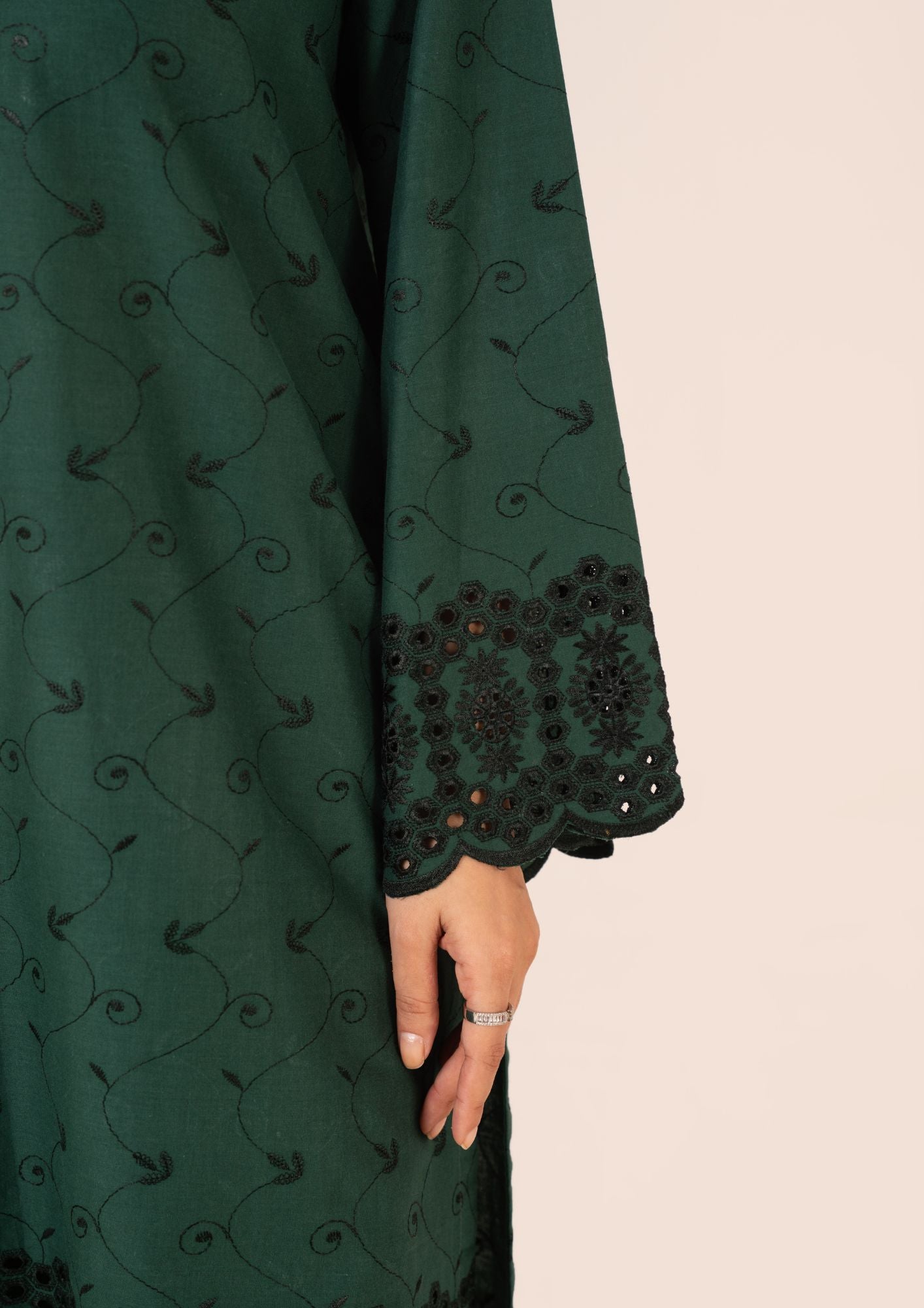 Bottle Green Cambric Schiffli Embroidered Bell Bottom Suit Online in Dubai UAE Abudhabi Ajman Sharjah